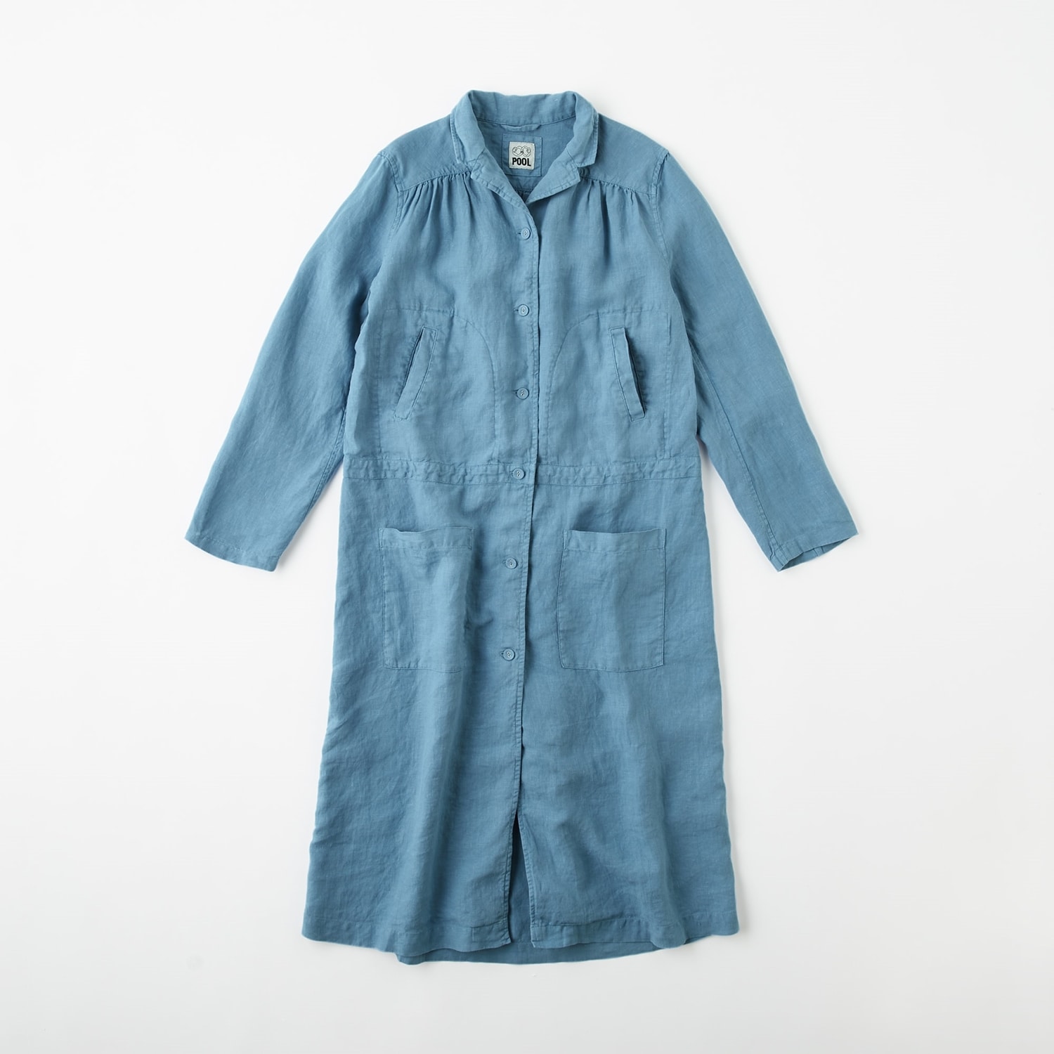 무인양품 일본 이데 IDEE 패션 여성 셔츠 원피스 셔링 면 코트 블루 그레이