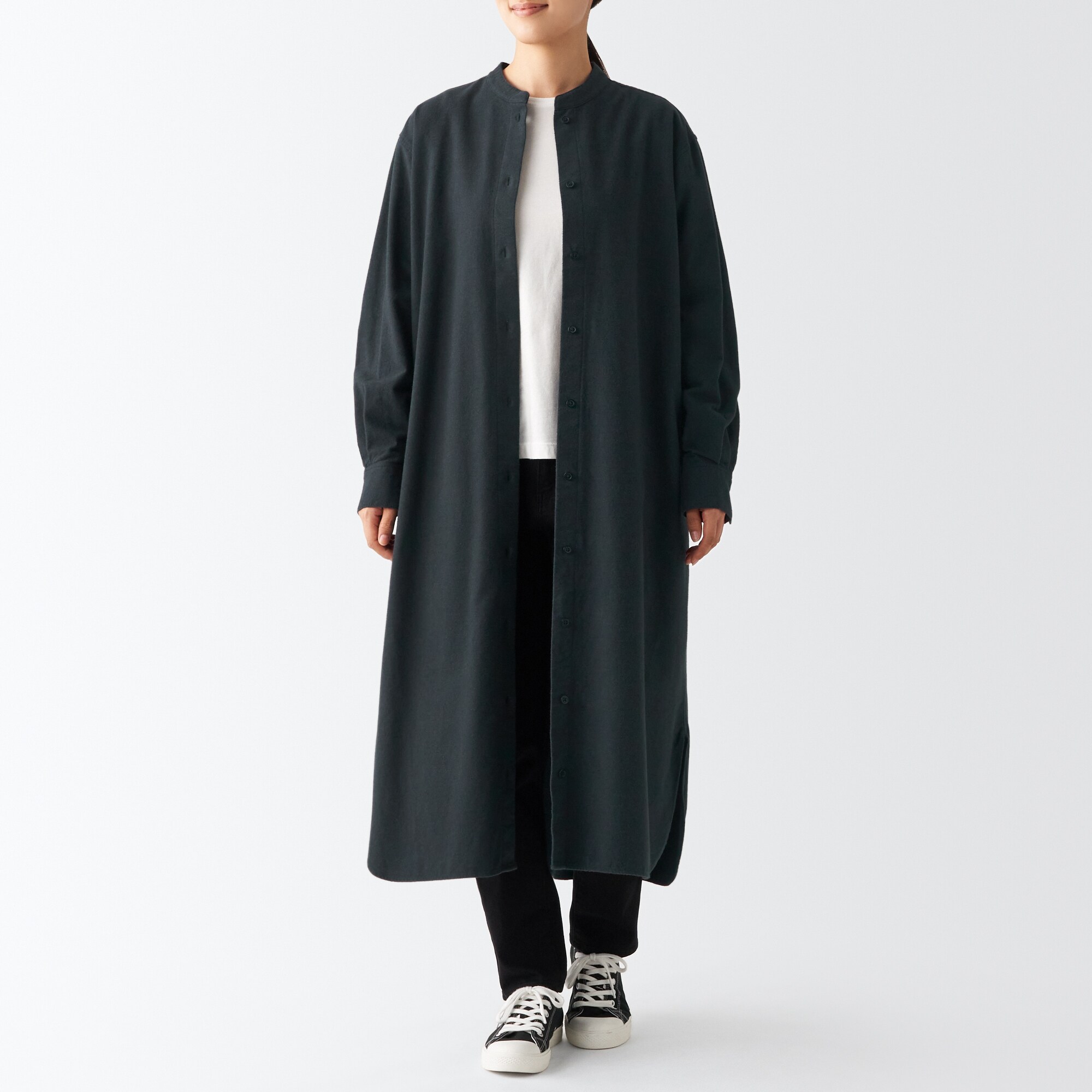 무인양품 일본 양면기모 플란넬 스탠드 칼라 여성 셔츠 원피스
