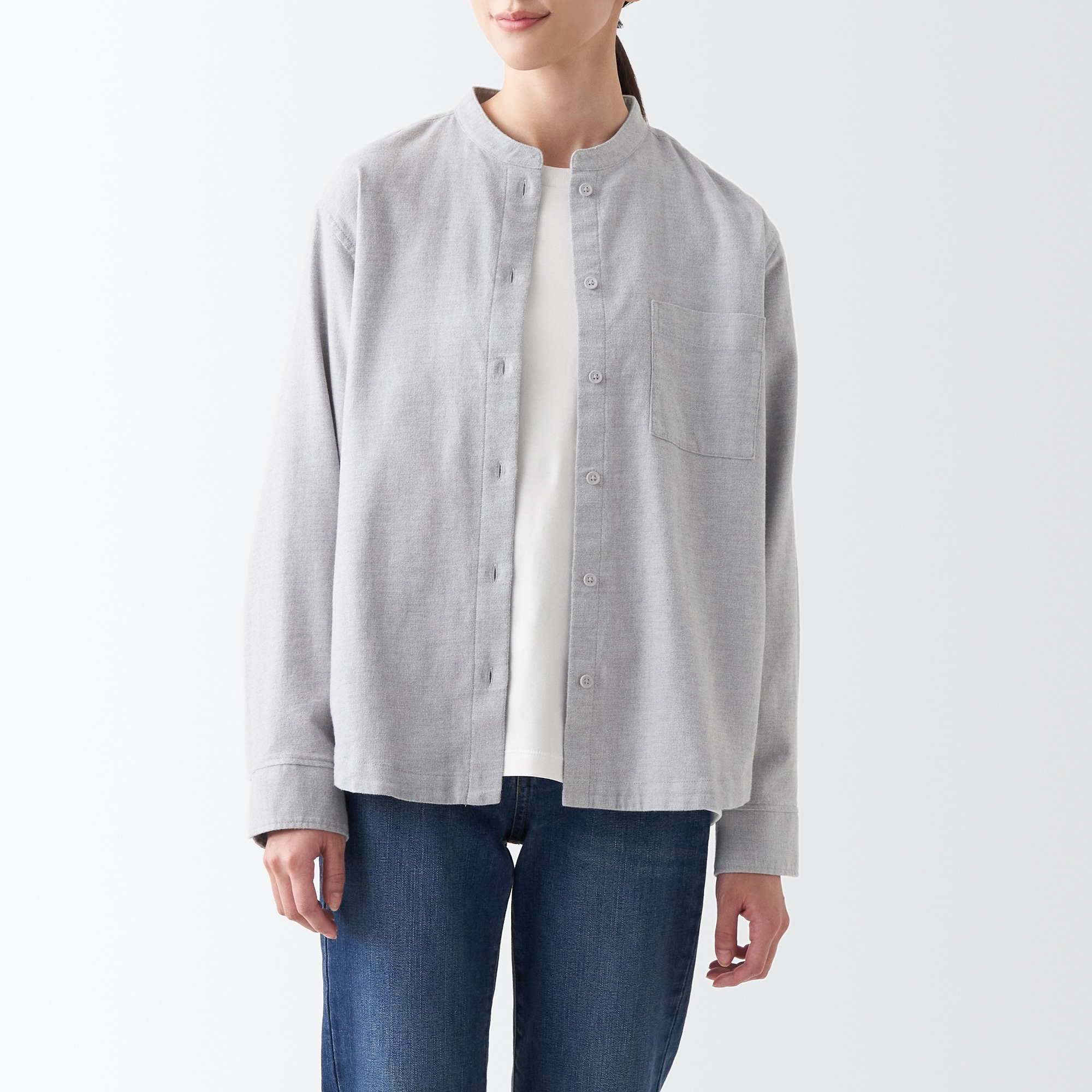 무인양품 일본 여성 긴팔 셔츠 양면 기모 플란넬 차이나카라 실버그레이