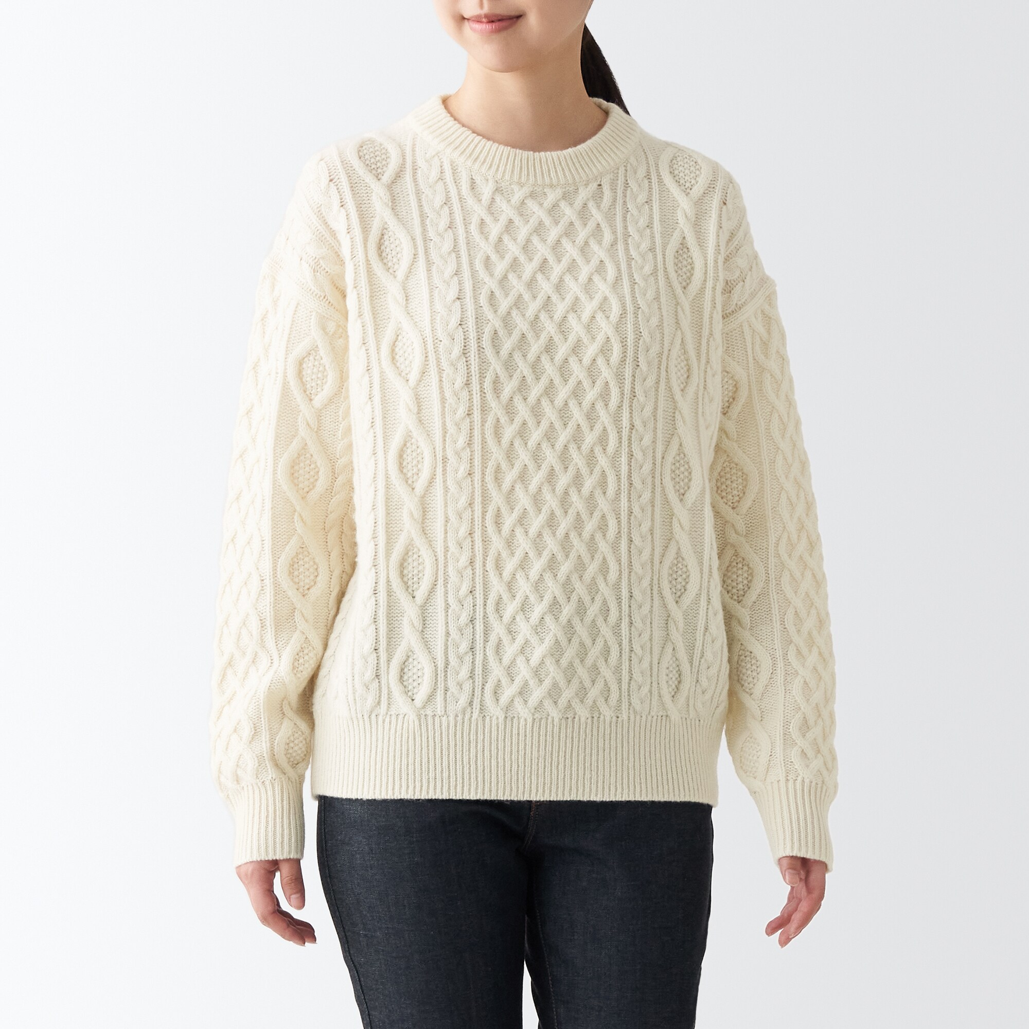 무인양품 일본 여성 크루넥 케이블 니트 스웨터 XS 에크루