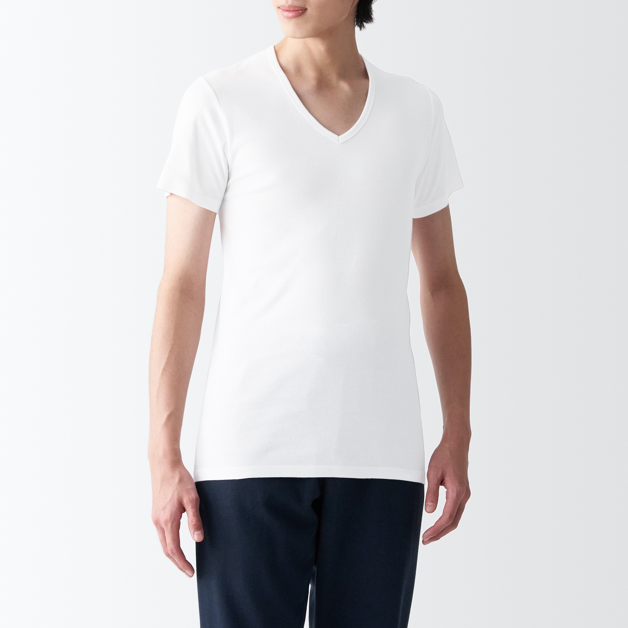 무인양품 일본 겨드랑이 솔기없는 서큘러 브이넥 반팔 티셔츠