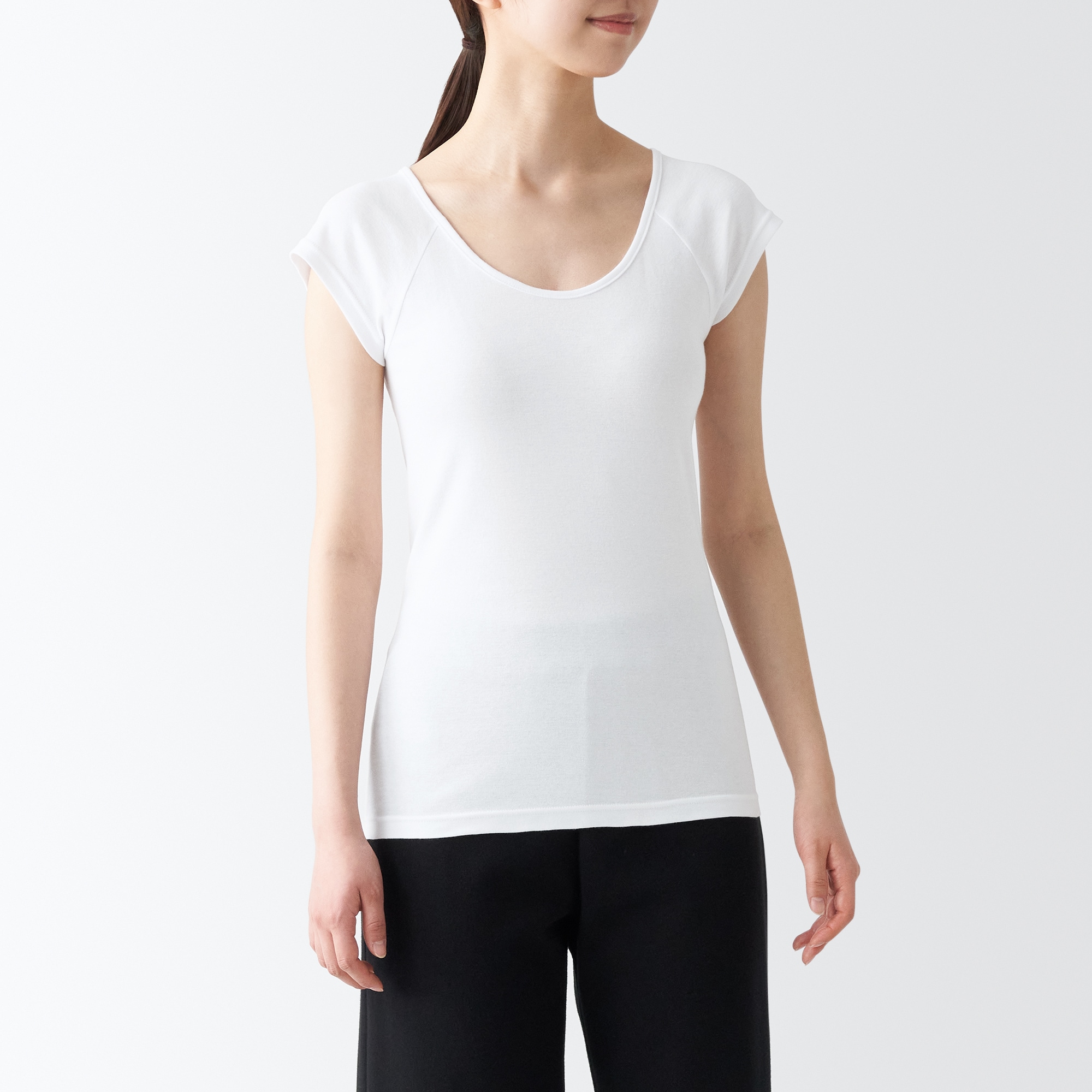 무인양품 일본 서큘러 니트 프렌치 슬리브 티셔츠