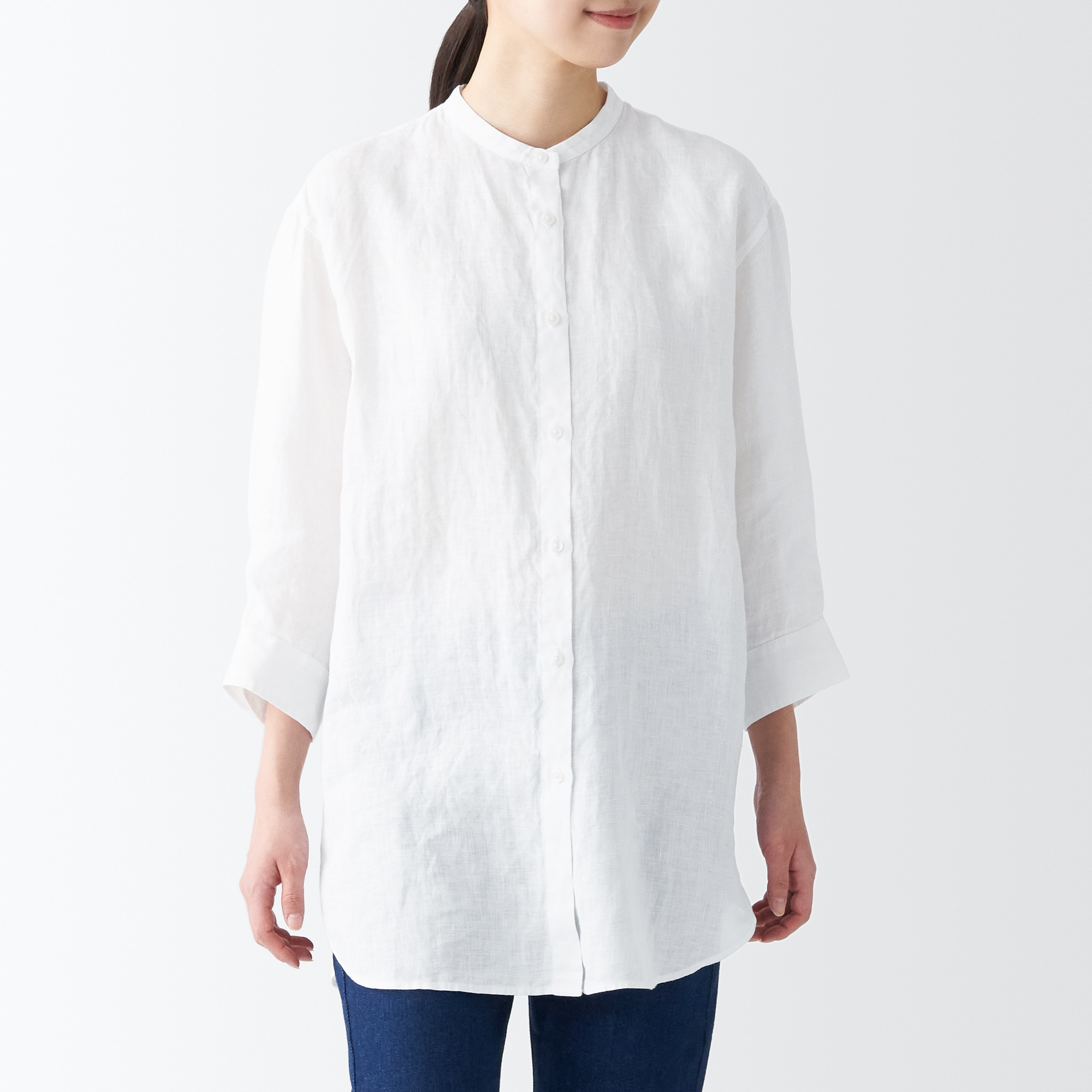무인양품 일본 여성 7부 롱 셔츠 헴프 워시드 아웃 차이나카라