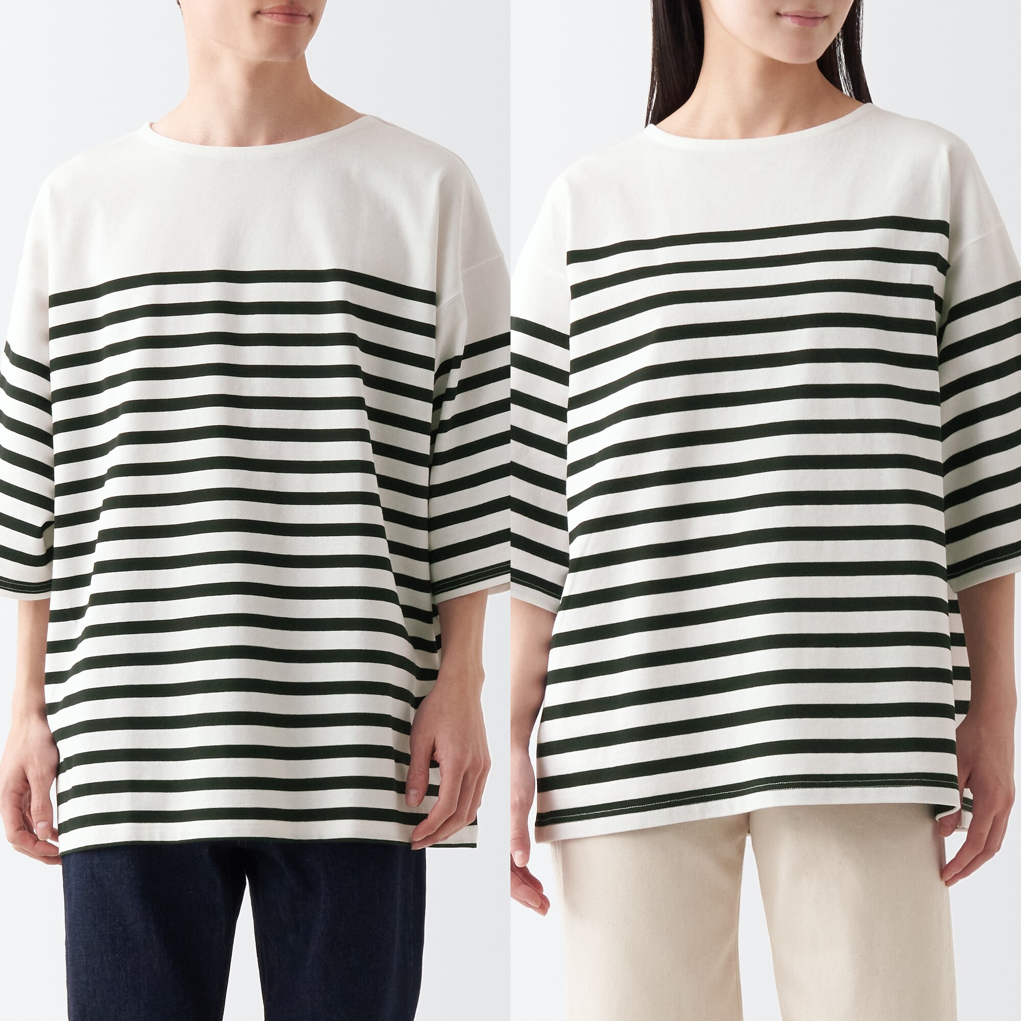 무인양품 일본 남녀공용 5부 티셔츠 인도면 풀오버 스트라이프