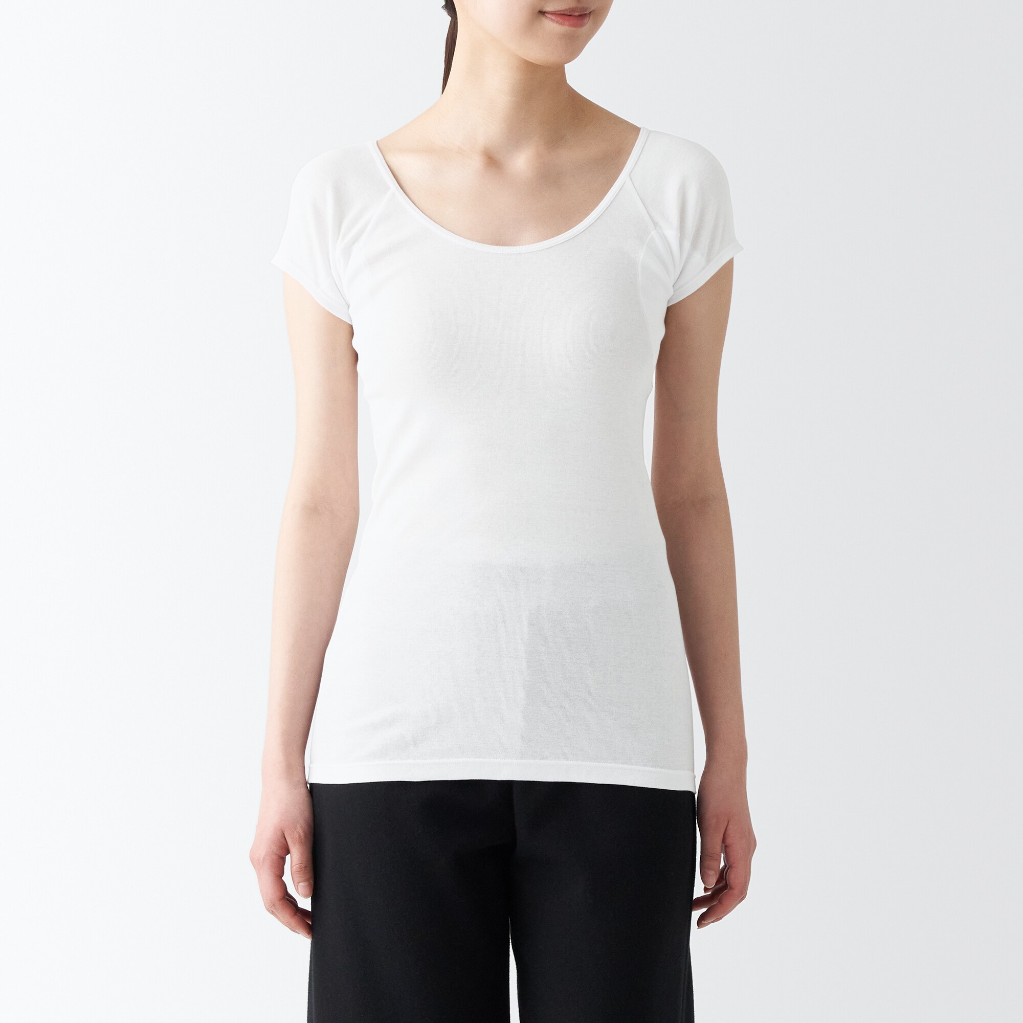 무인양품 일본 산뜻한 면 땀받이 패드 부착 프렌치 슬리브 티셔츠