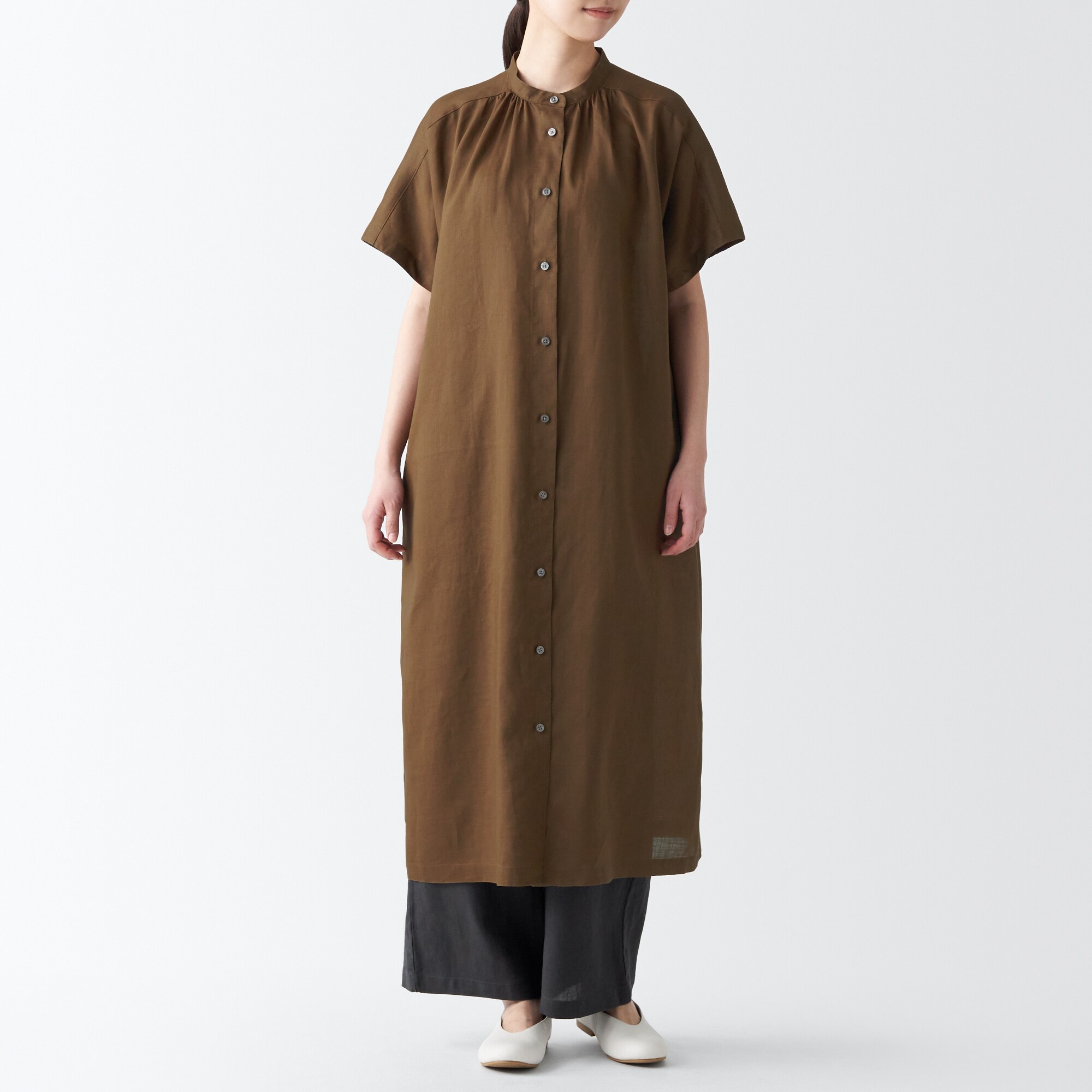 무인양품 일본 여성 반팔 셔츠 롱 원피스 슬림 라미 차이나카라