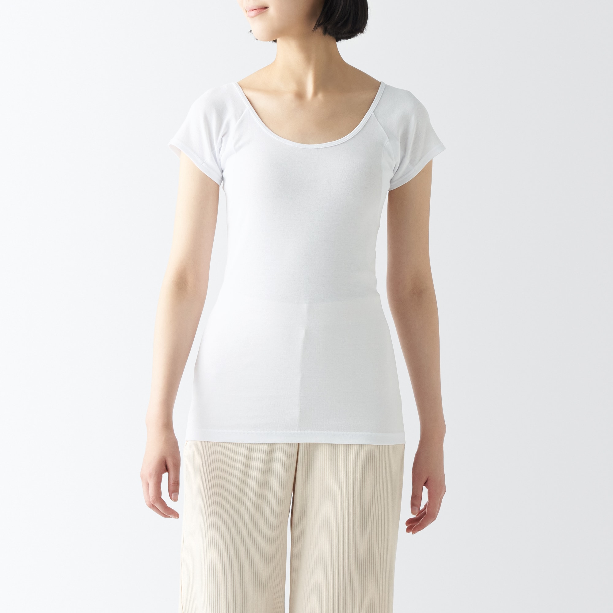 무인양품 일본 여성 산뜻한 면 땀받이 패드 프렌치 슬리브 티셔츠
