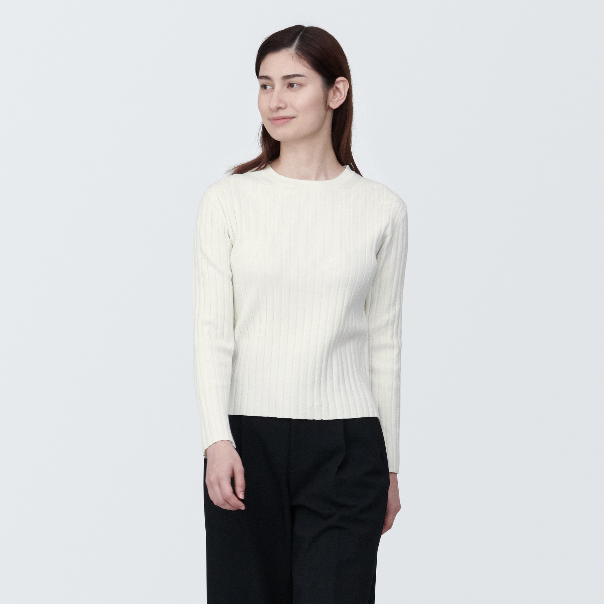 무인양품 일본 여성 대두 섬유 사용 리브 크루넥 스웨터