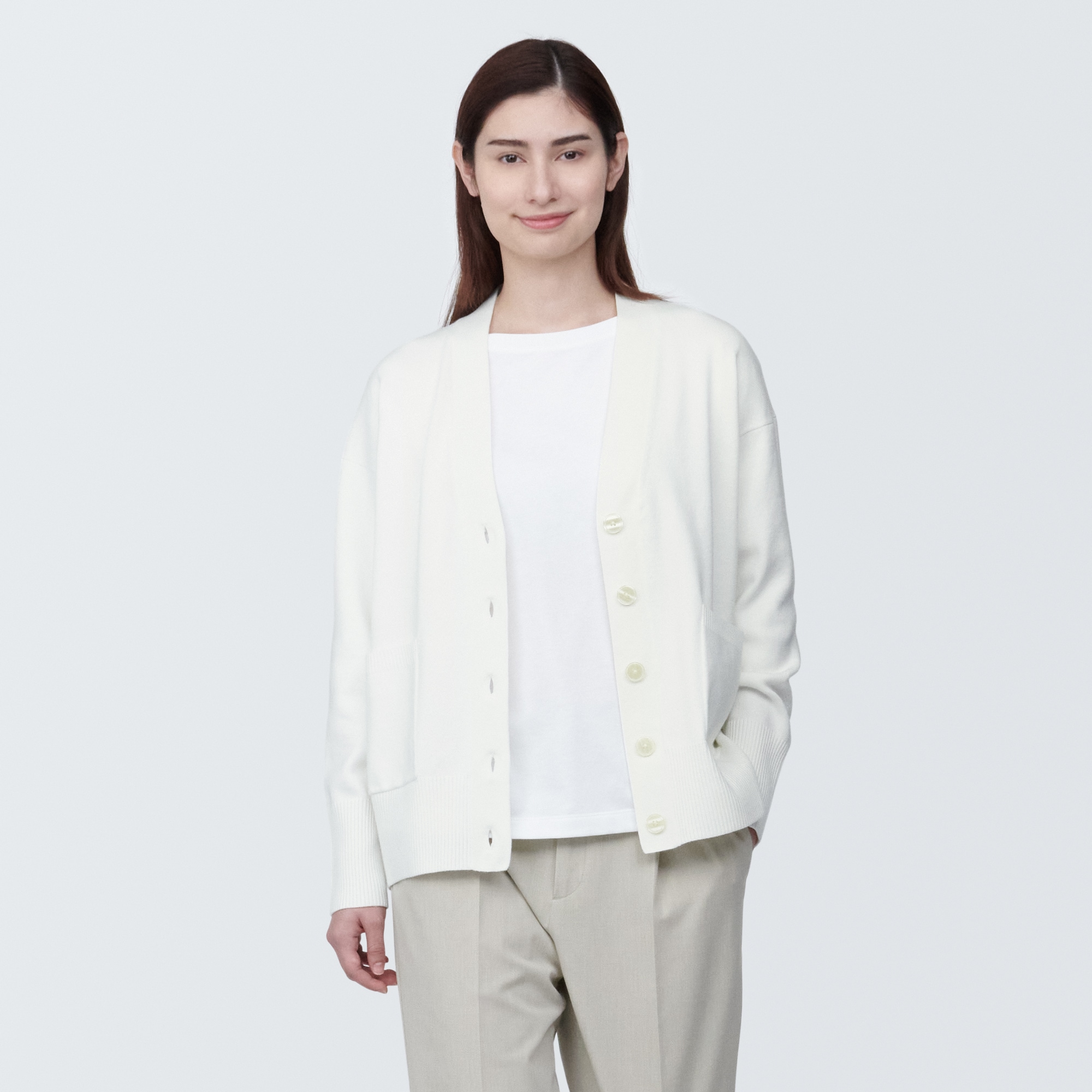 무인양품 일본 여성 세탁가능 밀라노 리브 뜨개질 브이넥 가디건