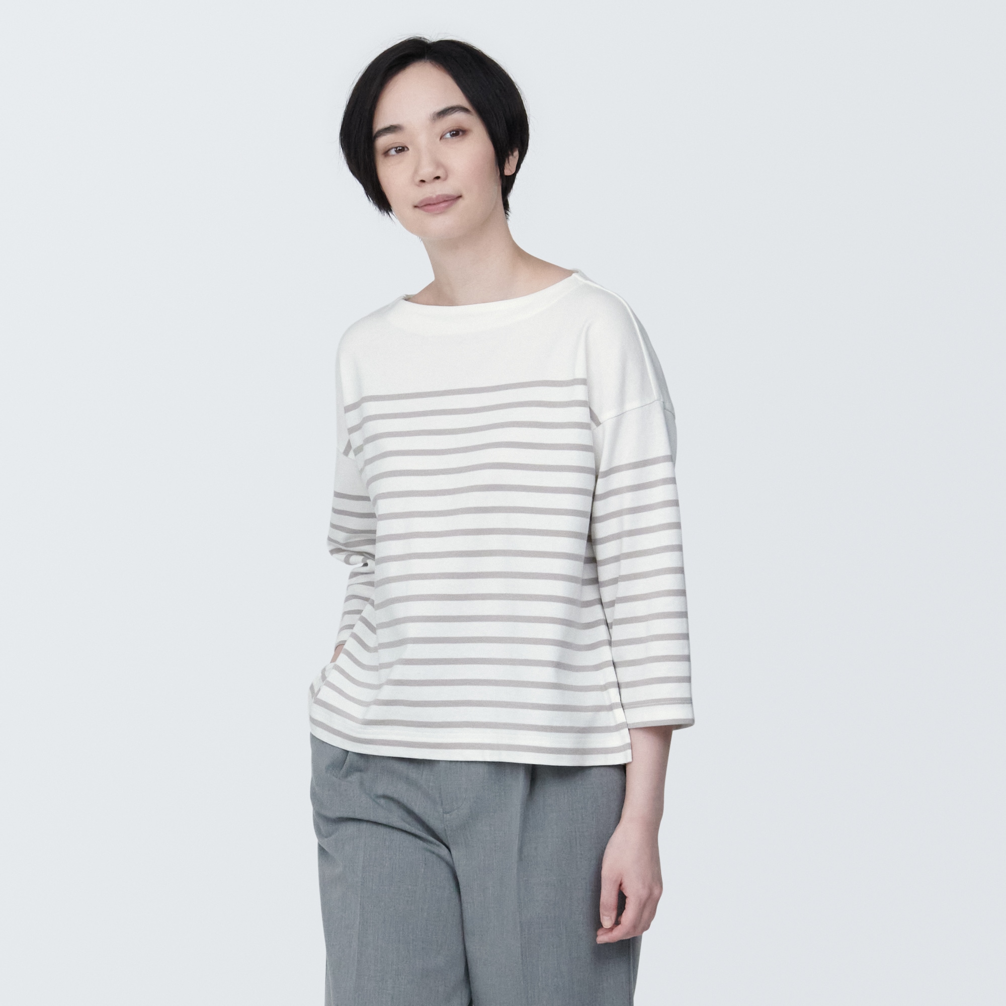 무인양품 일본 여성 보더 보트 넥7부 소매티셔츠