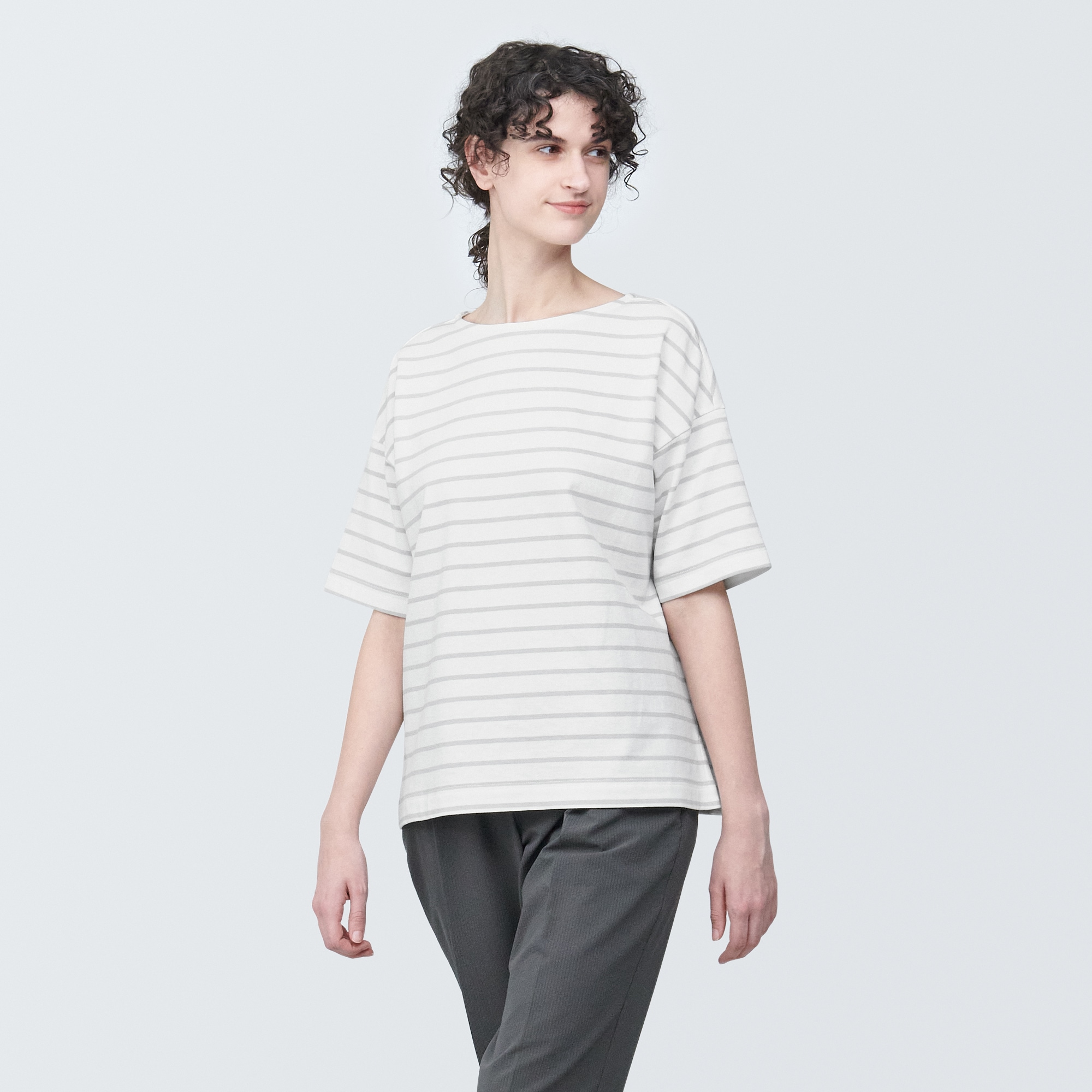 무인양품 일본 여성 보더 보트 넥 반팔 티셔츠