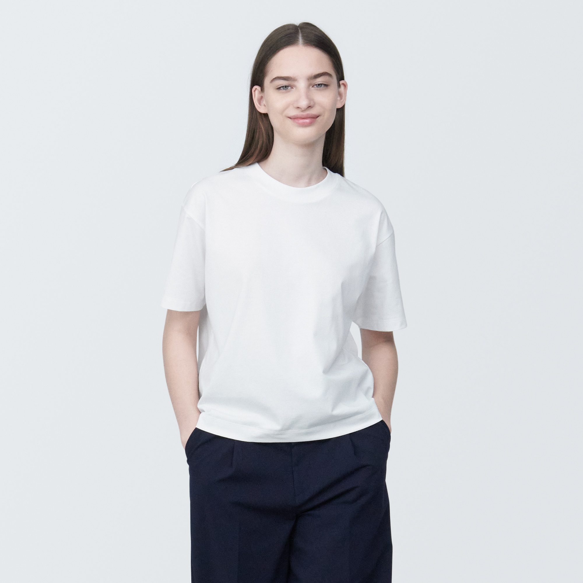 무인양품 일본 여성 저지 니트 크루넥 반팔 티셔츠