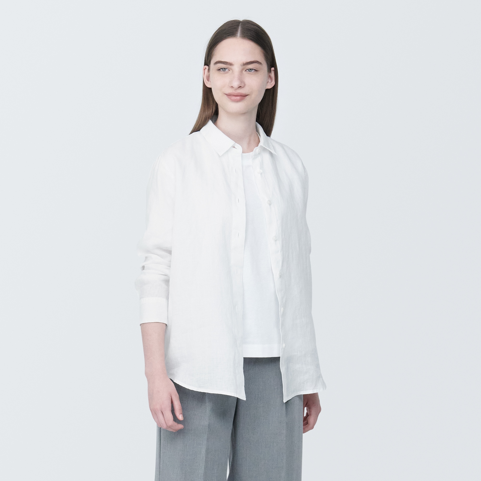 무인양품 일본 여성 린넨 워시트아웃 레귤러 컬러 긴소매 셔츠