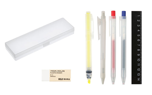 MUJI Stationery Set (Pen Case, Mechanical Pen, Ballpoint Pen, Eraser, Ruler)