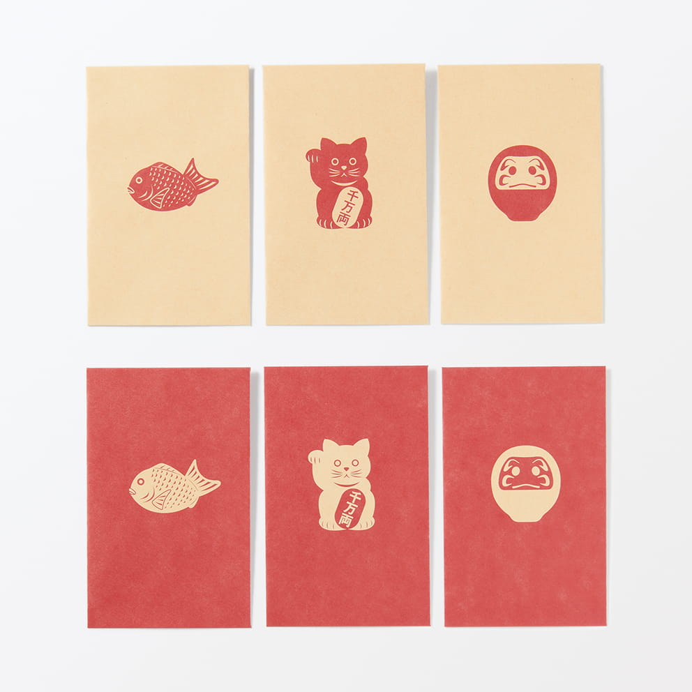 竹紙ぽち袋　縁起物柄３種　招き猫・だるま・鯛の商品画像