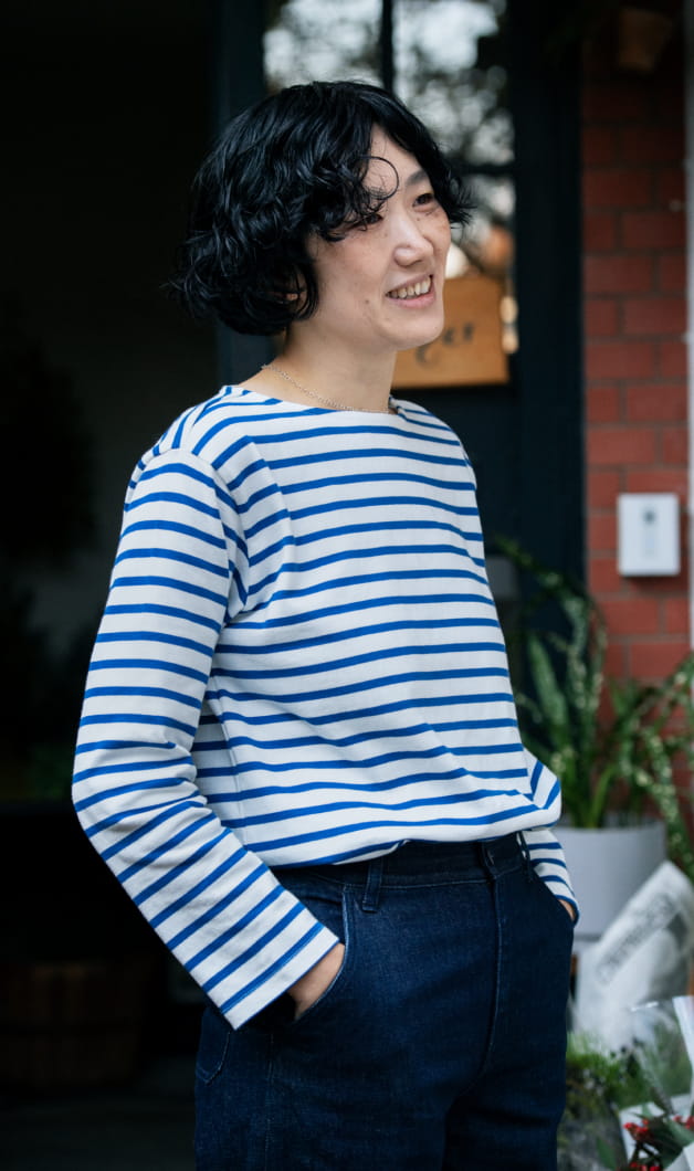 太番手ボートネック長袖Ｔシャツ（ボーダー）の着用イメージ