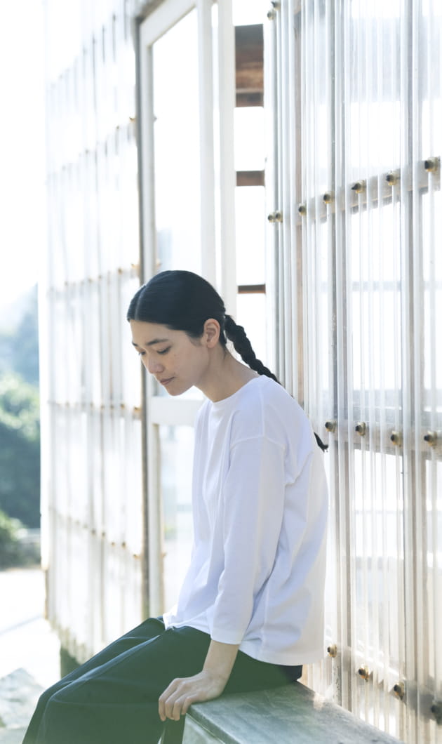 天竺編みボートネック七分袖Ｔシャツの着用イメージ