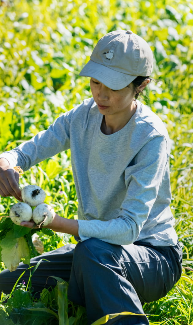 天竺編みクルーネック長袖Ｔシャツの着用イメージ