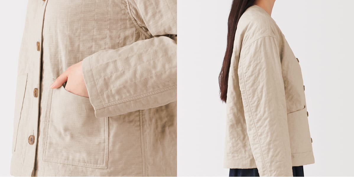 婦人　カポック混二重ガーゼ　キルトジャケットのポケット部分にクローズした画像と着用して横から見た時の画像