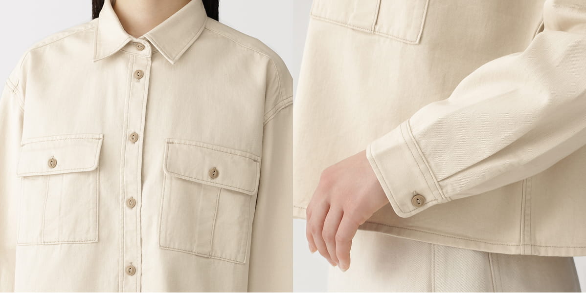 婦人　カポック混　ライトツイル　長袖シャツ　生成の胸元部分にクローズした画像と袖口部分の画像
