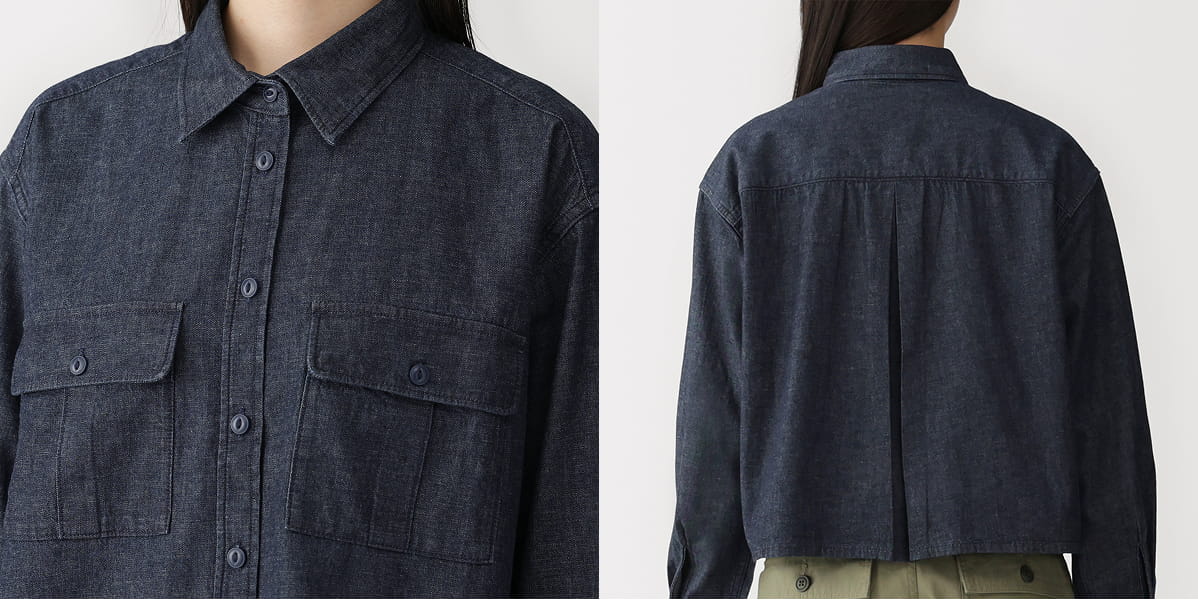 婦人　カポック混　ライトデニム　長袖シャツの胸元部分にクローズした画像と背面の画像