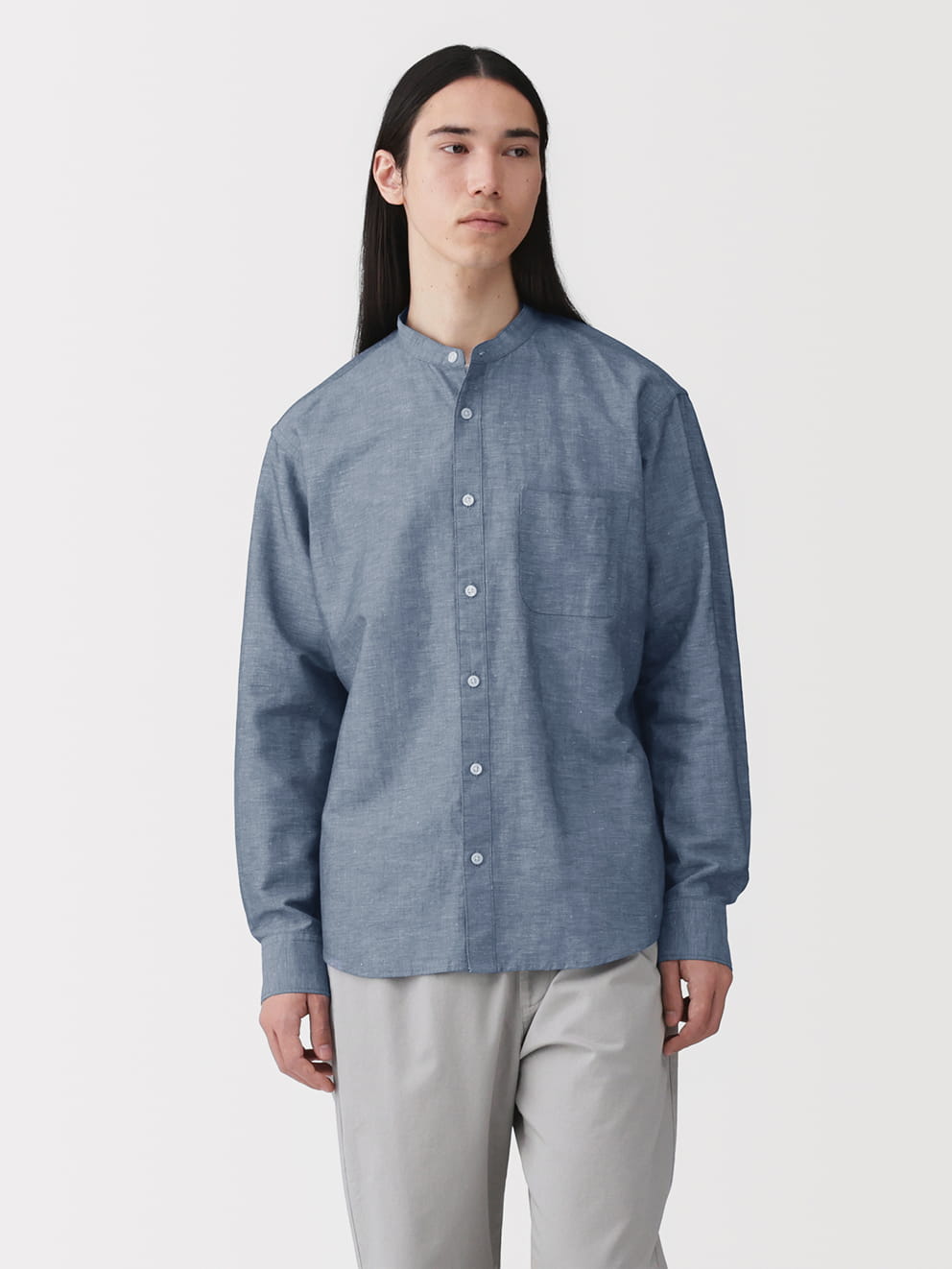 紳士　ヘンプコットンスタンドカラー長袖シャツの着用画像