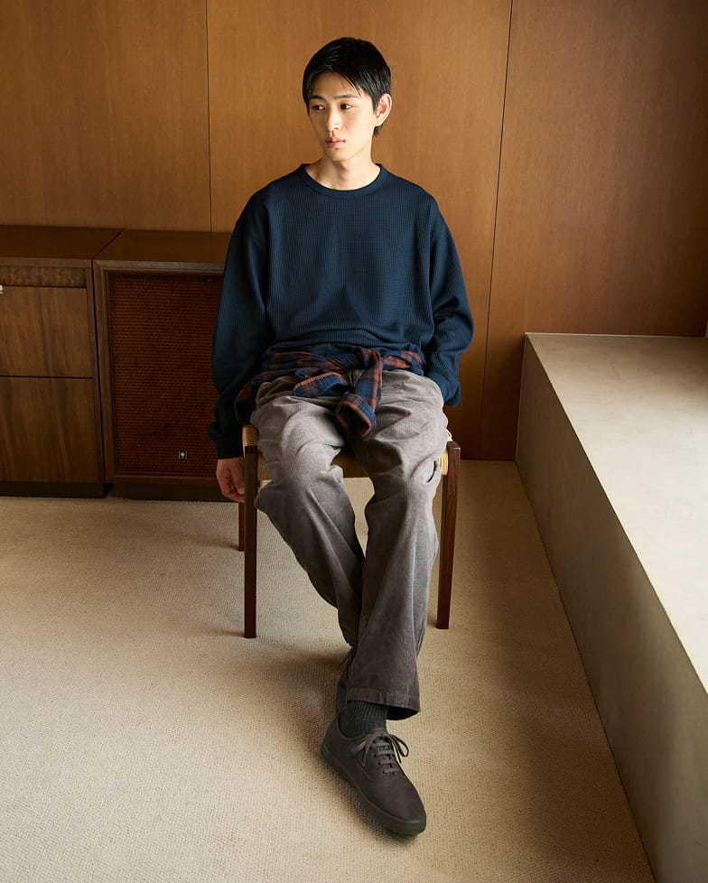 紳士 UVカット乾きやすいワッフルクルーネック長袖Tシャツの着用イメージ2