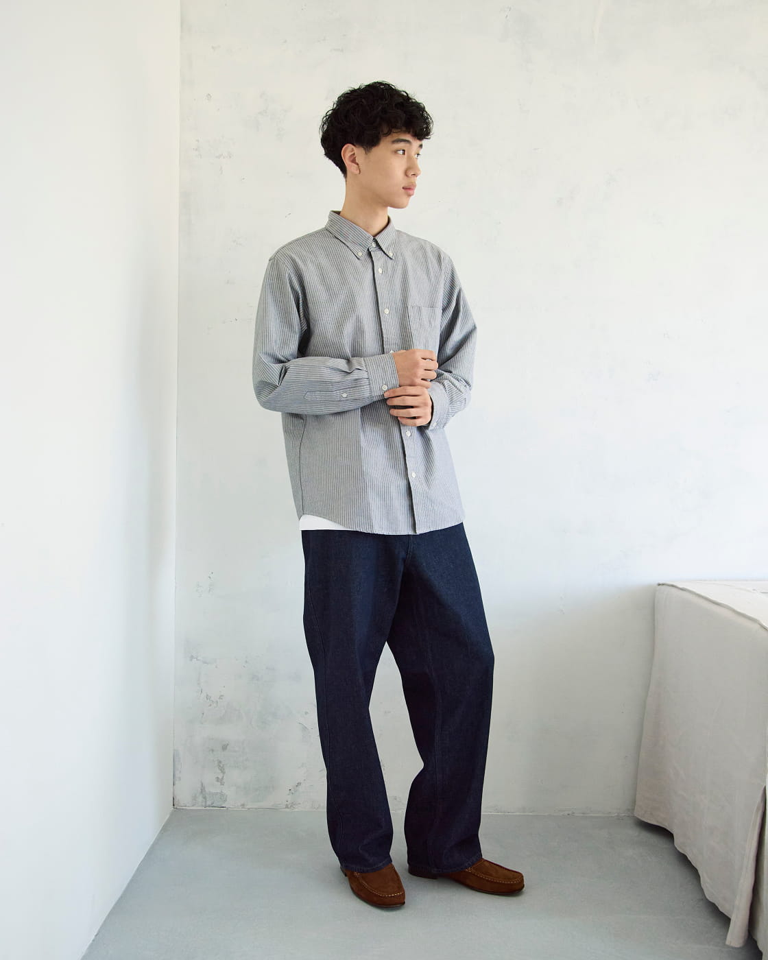 紳士　洗いざらしオックスボタンダウン長袖シャツの着用イメージ1