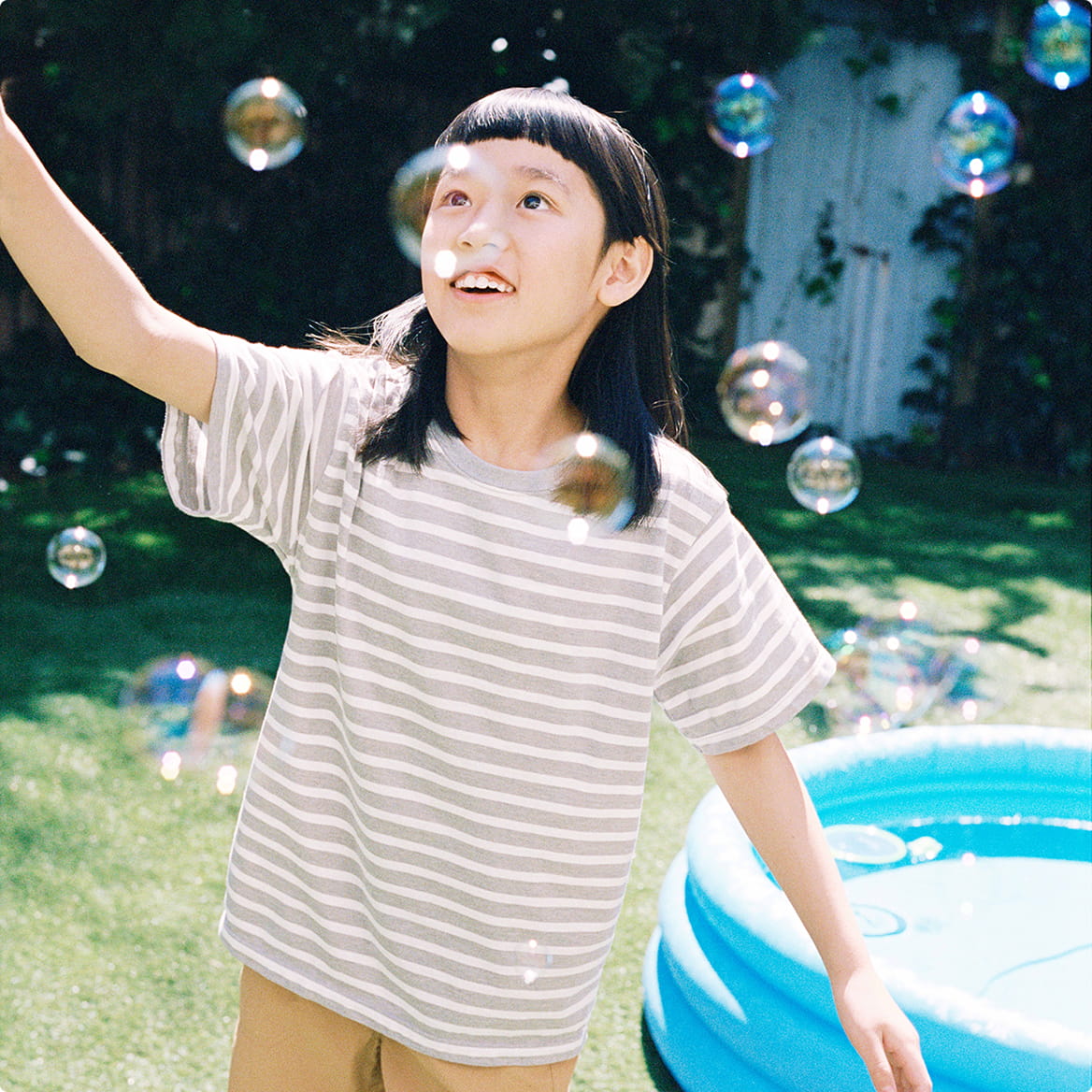 キッズ　天竺編みクルーネック半袖Ｔシャツ　ボーダーのモデル画像