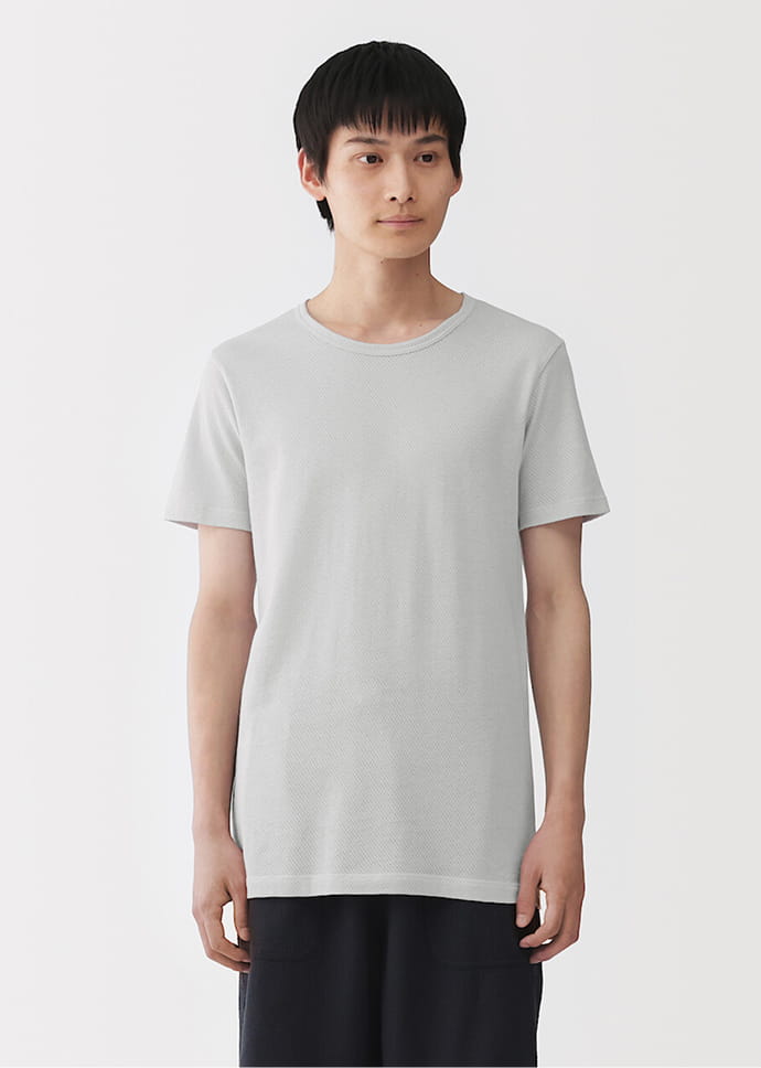 さらっと綿　メッシュ編み　クルーネック半袖Tシャツの着用イメージ