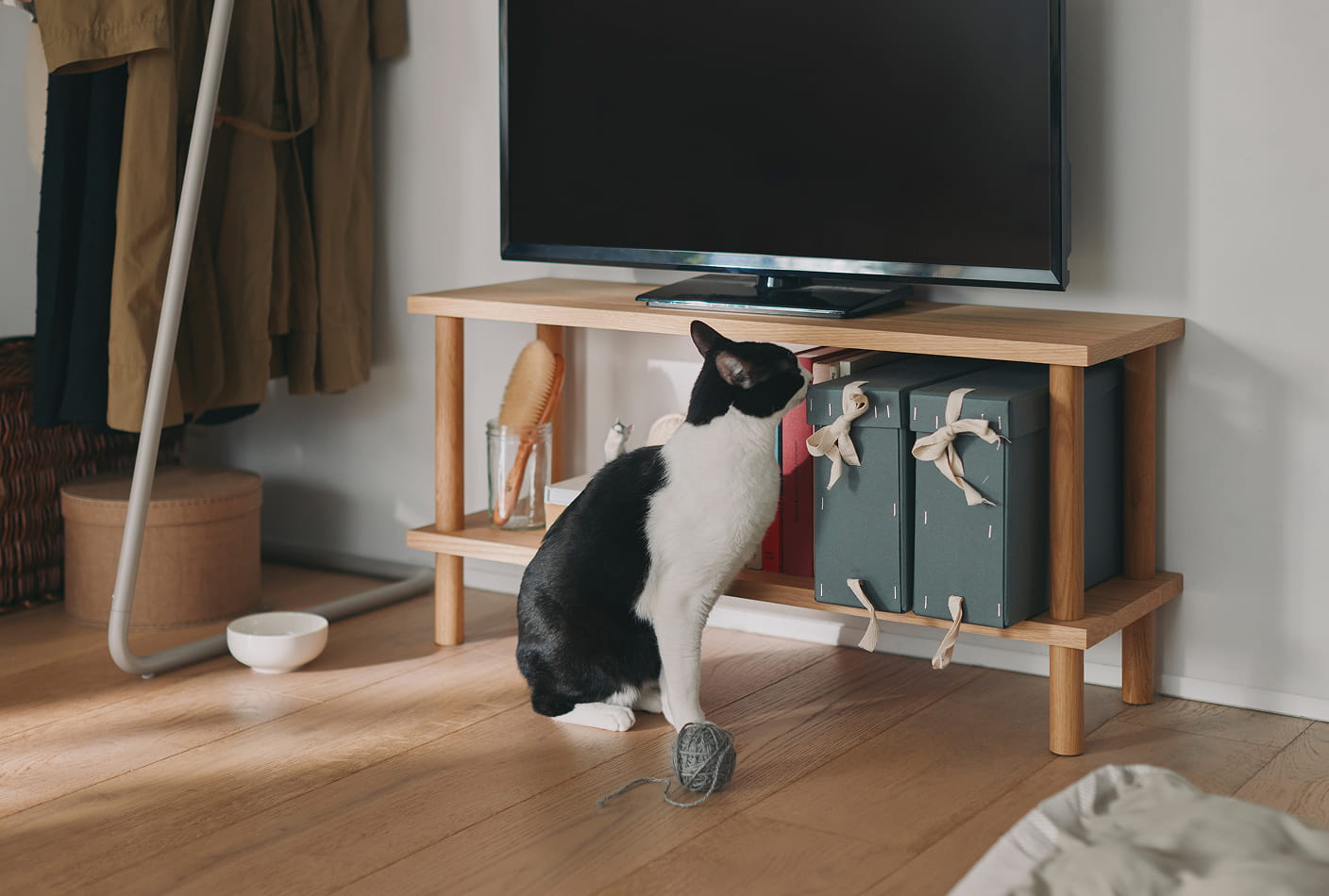 手軽に組み立てられる木製シェルフをテレビ台として使う様子。