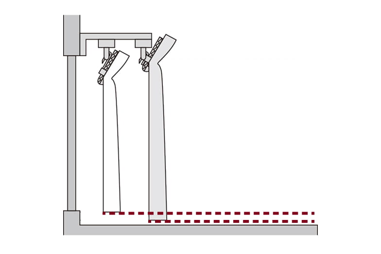 レースカーテンを厚手カーテンよりも1～2cm程度丈を短くするイメージ図