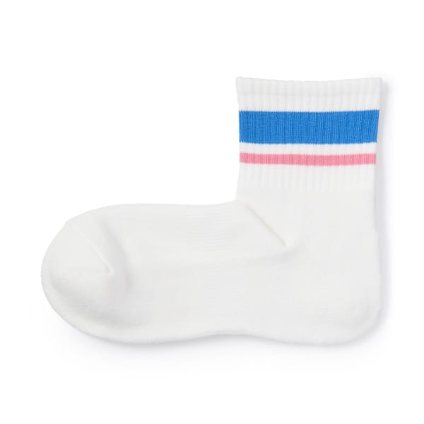 足なり直角 足底パイル ショート丈靴下（ライン）25～27cm・ブルー×ピンクボーダー