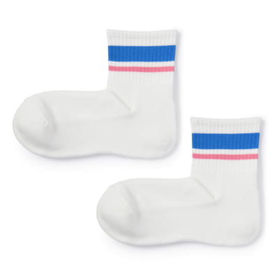 足なり直角 足底パイル ショート丈靴下（ライン）　25～27cm・ブルー×ピンクボーダー