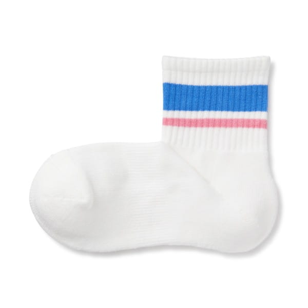 足なり直角 足底パイル ショート丈靴下（ライン）23～25cm・ブルー×ピンクボーダー