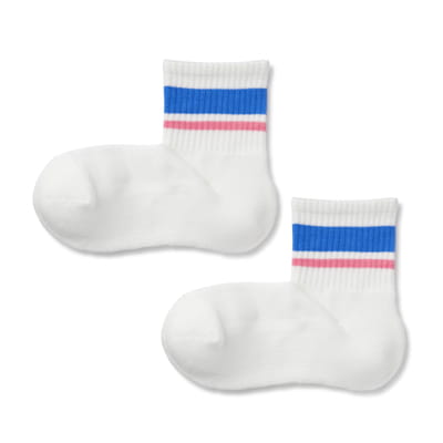 足なり直角 足底パイル ショート丈靴下（ライン）　23～25cm・ブルー×ピンクボーダー