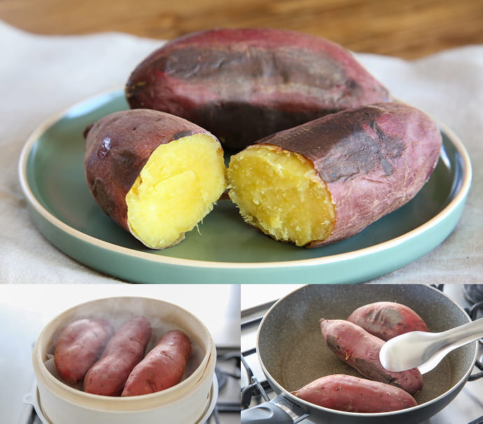 二段階方式でふかしてから焼いた焼き芋のイメージ