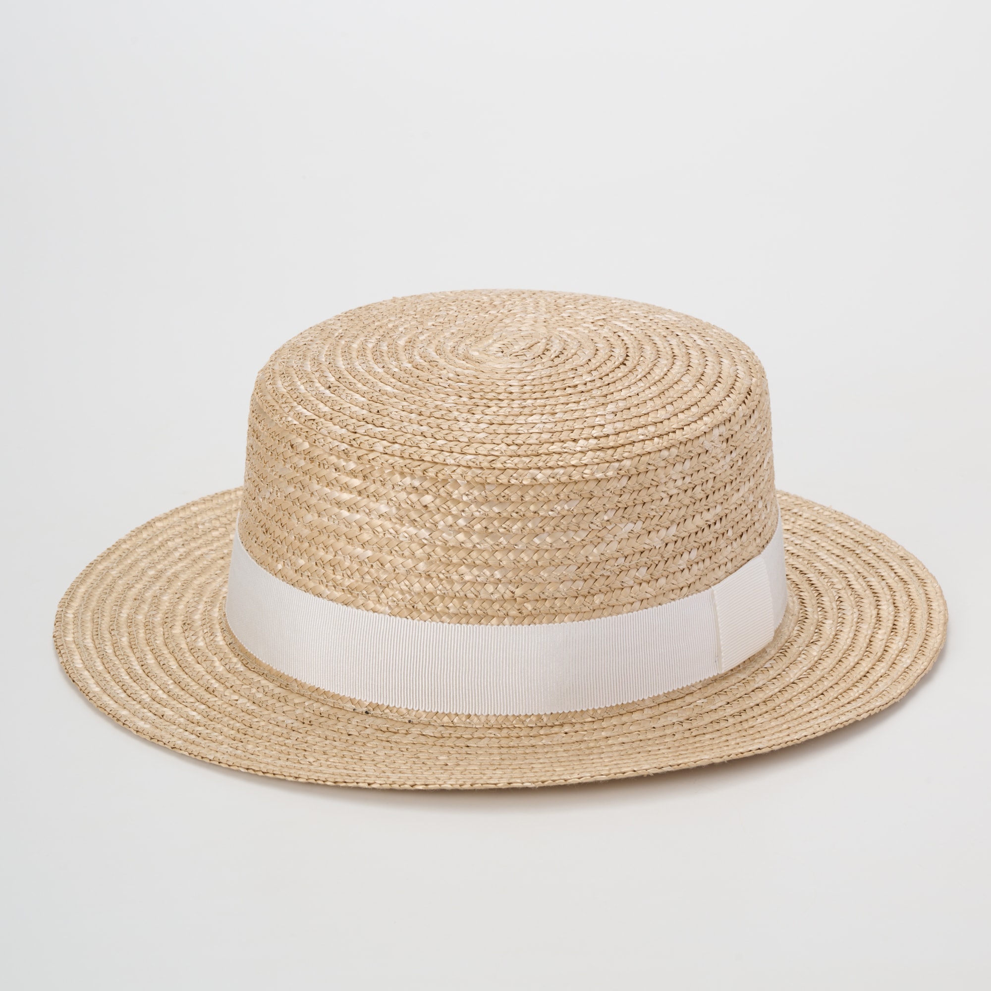 埼玉県　田中帽子の麦わら帽子「カンカン帽」ベージュ×ホワイトリボン