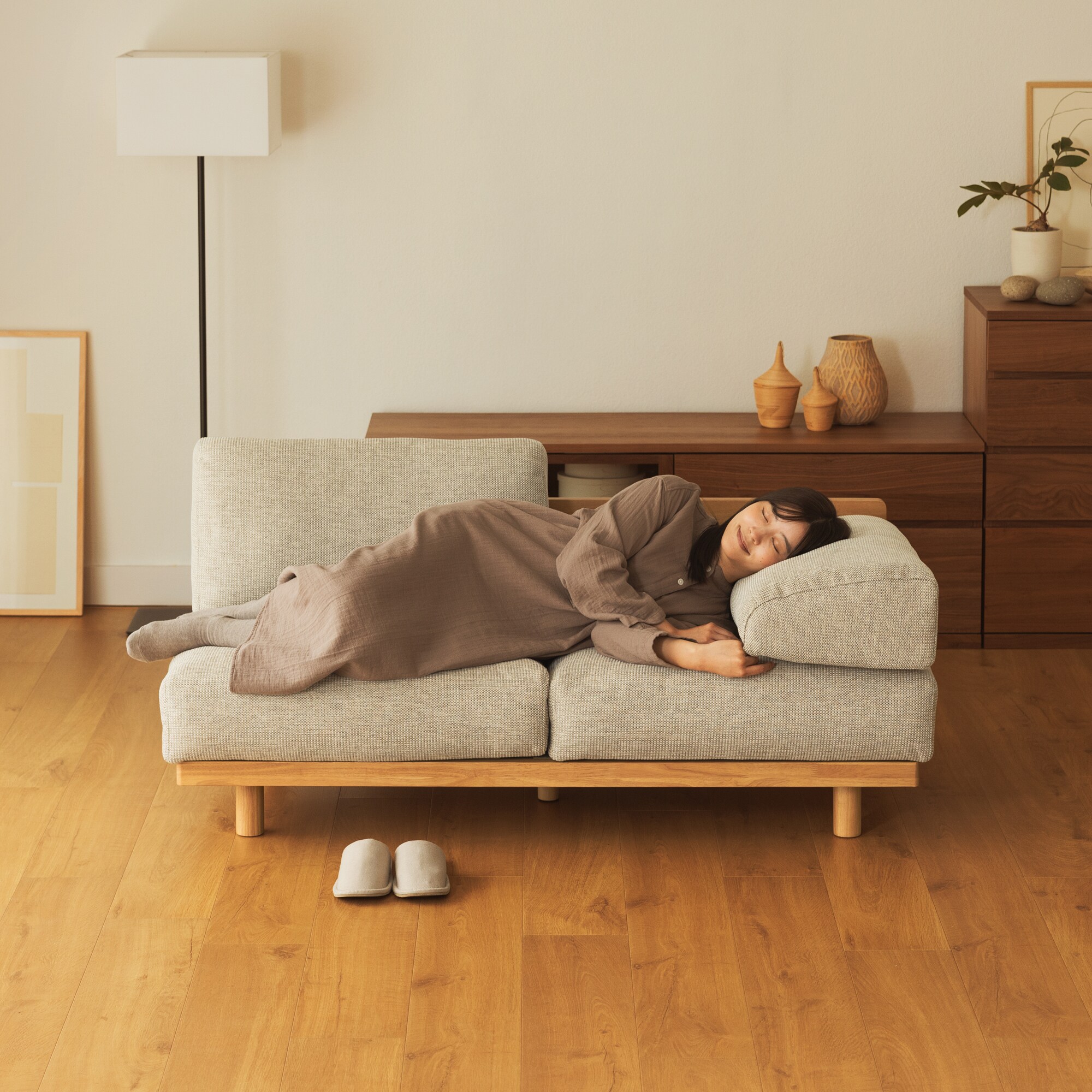 無印良品　ゆったり座れるアームレスソファ 2シーター ベージュ 新古品】ゆったり座れるアームレスソファ 2シーター ポリエステル平織