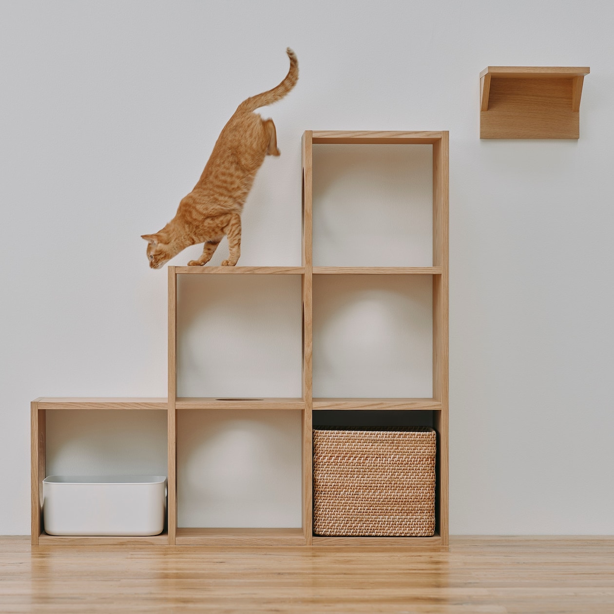【新古品】スタッキングシェルフ　猫用　３段×３列セット　オーク材突板