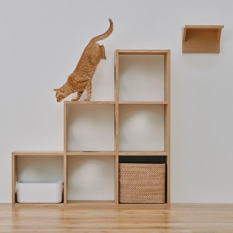新古品】スタッキングシェルフ 猫用 3段×3列セット オーク材突板 
