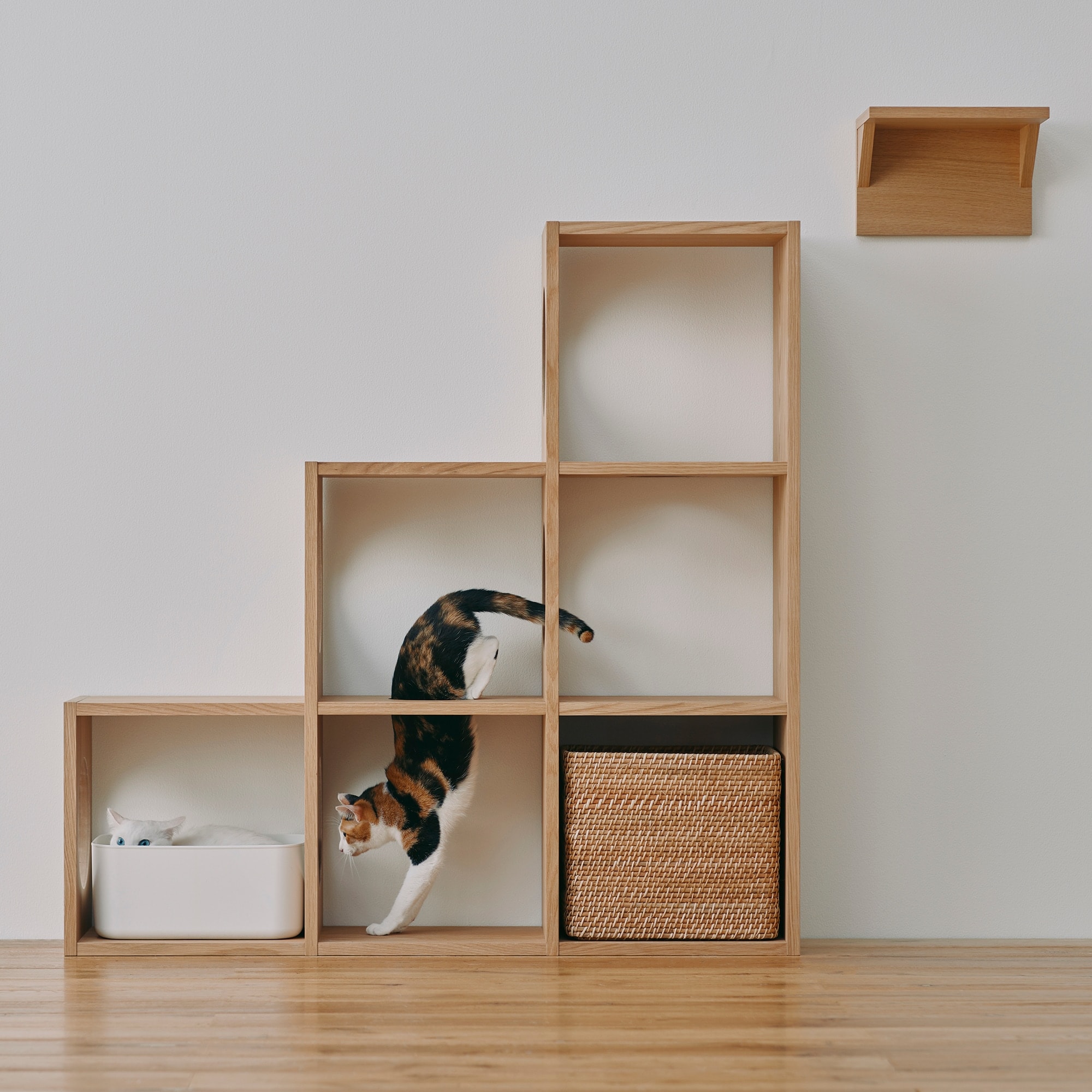 【新古品】スタッキングシェルフ　猫用　３段×３列セット　オーク材突板