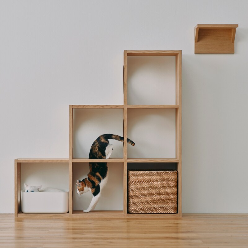 新古品】スタッキングシェルフ 猫用 3段×3列セット オーク材突板 