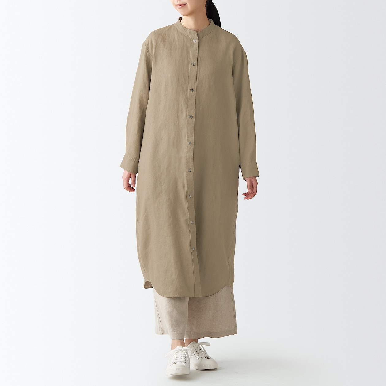 フレンチリネン洗いざらしスタンドカラーワンピース ｍ ｌ ダスティベージュ シャツ ブラウス 婦人 レディース 通販 無印良品