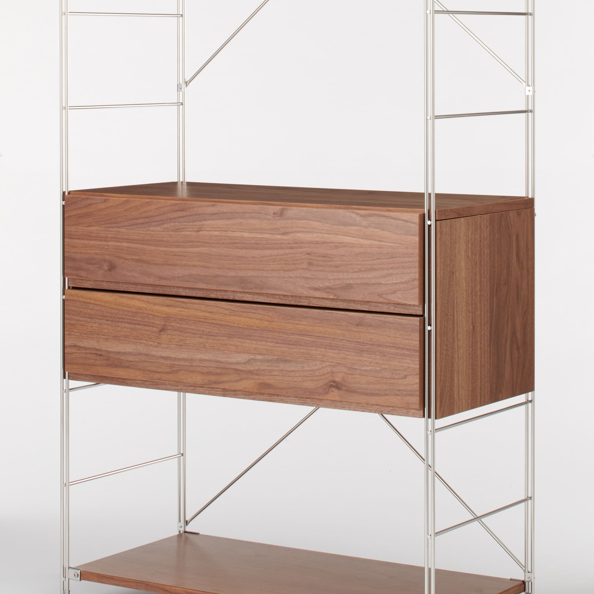 スチールユニットシェルフ用　ボックス　引出し２段　ウォールナット材突板