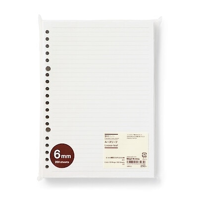 【Ａ５】植林木ペーパー裏うつりしにくいルーズリーフ　６ｍｍ横罫・２０穴・２００枚