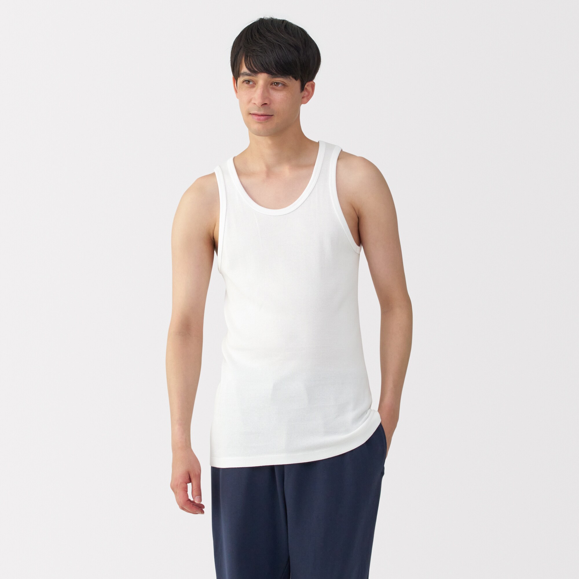 紳士　脇に縫い目のない　２枚組み　リブ編みタンクトップ