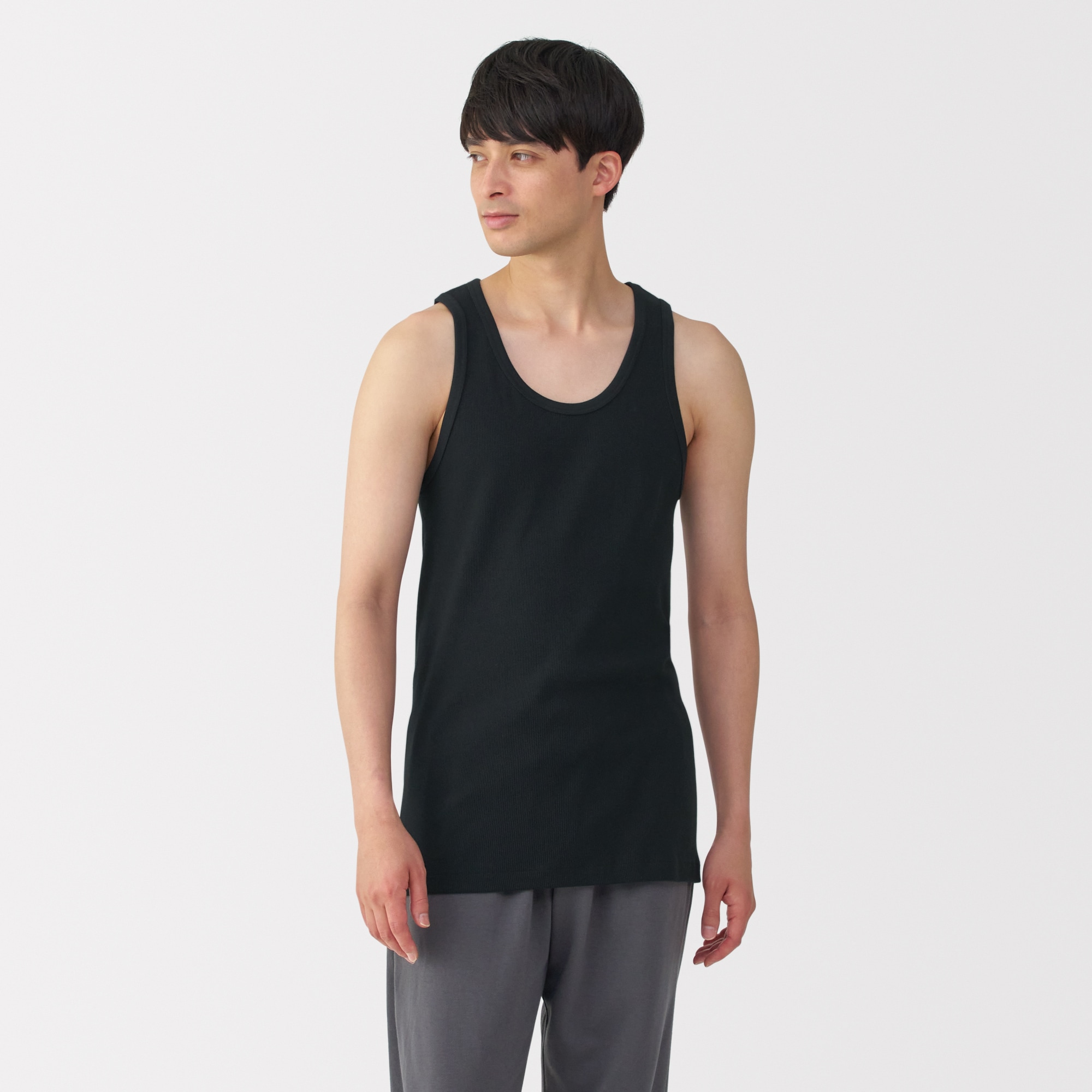 紳士　脇に縫い目のない　２枚組み　リブ編みタンクトップ