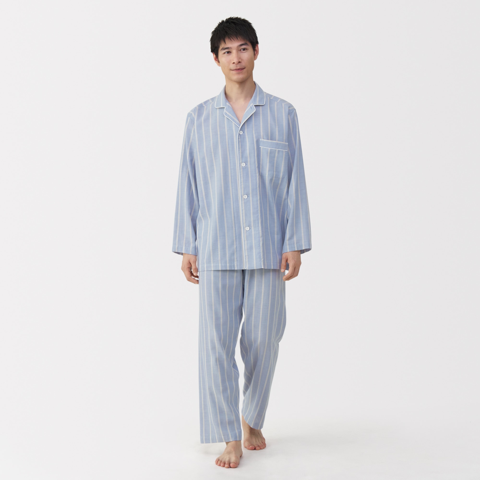 紳士　脇に縫い目のない　二重ガーゼ長袖パジャマ