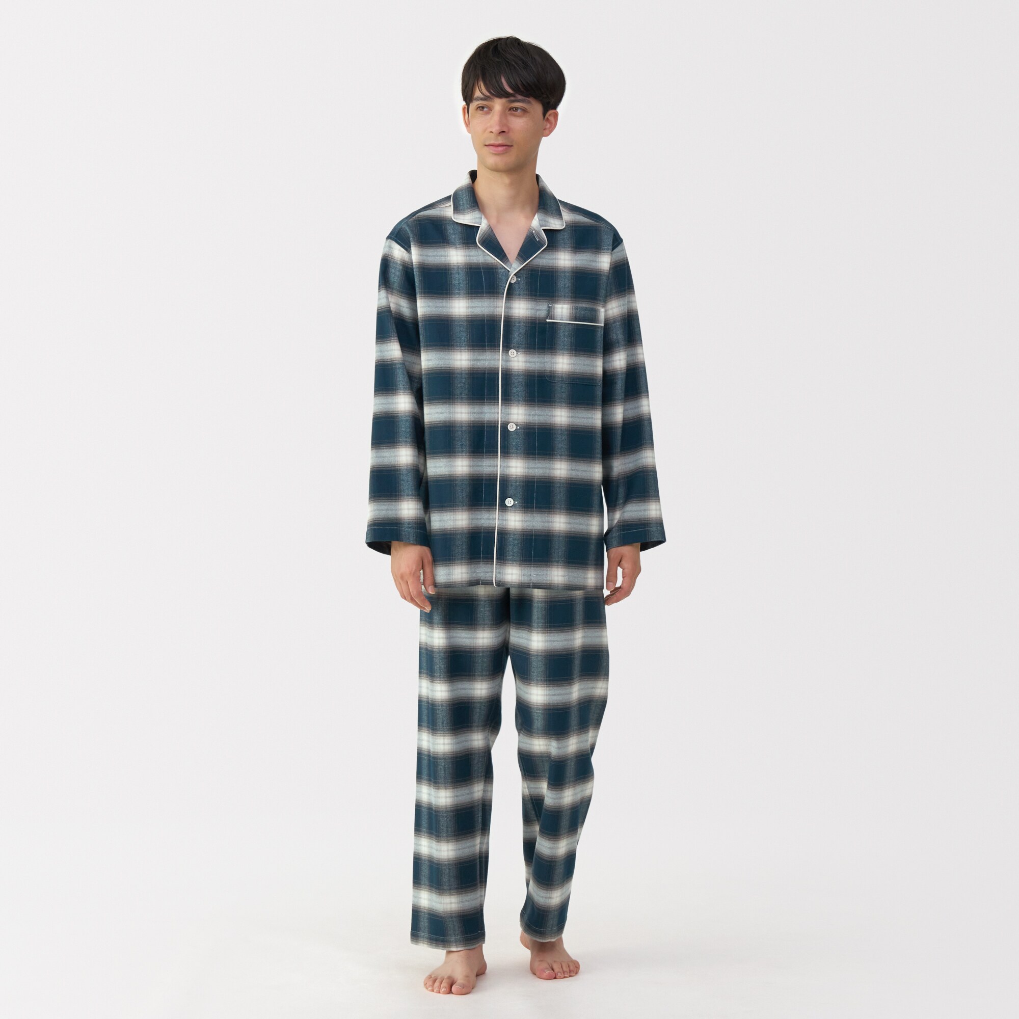 紳士　脇に縫い目のない　フランネル長袖パジャマ